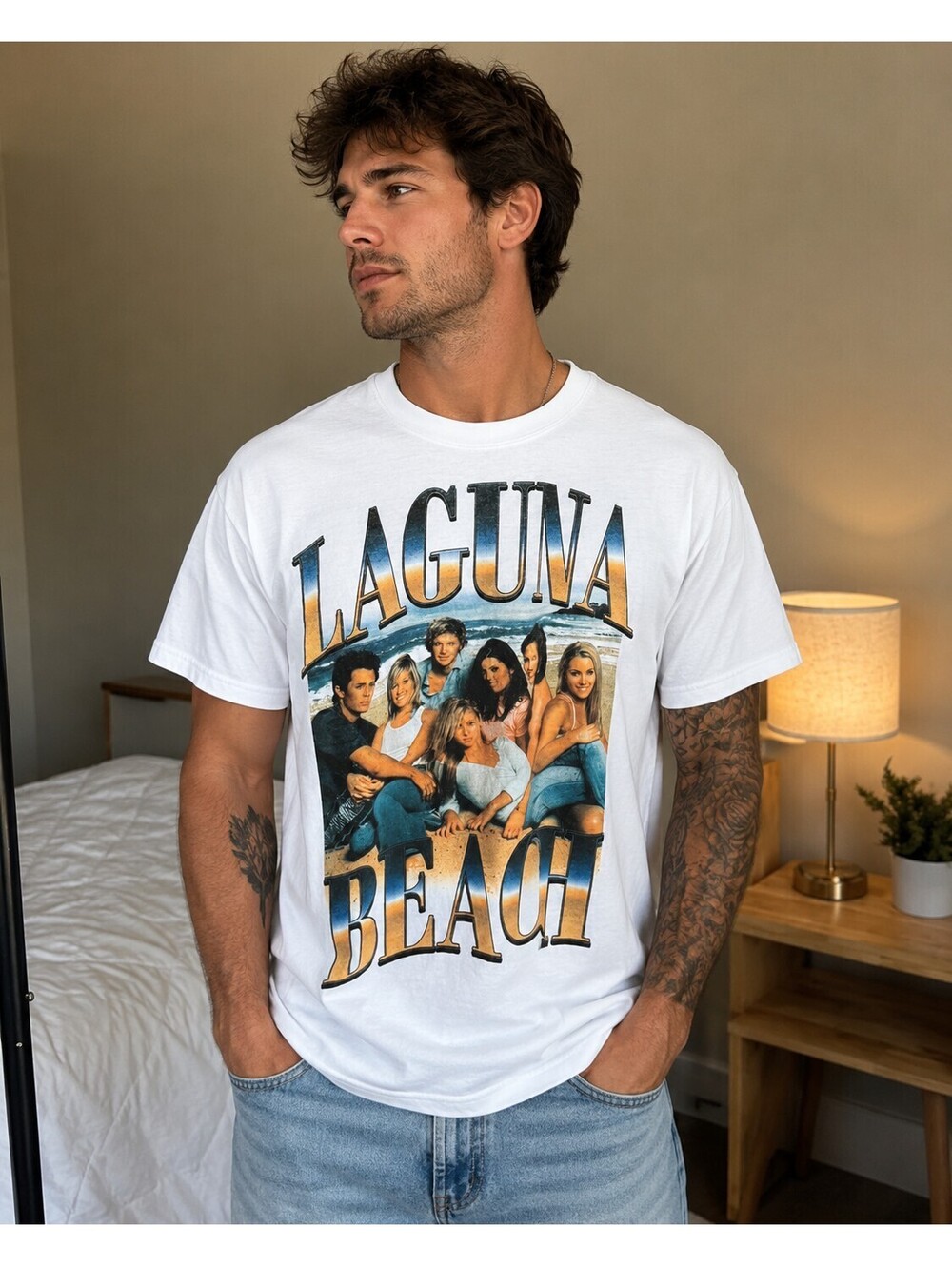 Mens Laguna Beach Graphic White T-Shirt, Size XS